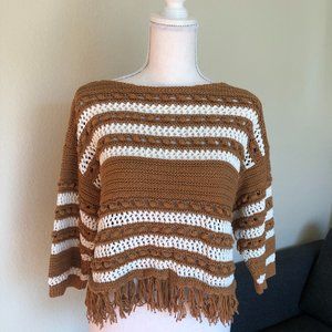Lou & Grey Brown and White Striped Crochet Fringe Sweater
